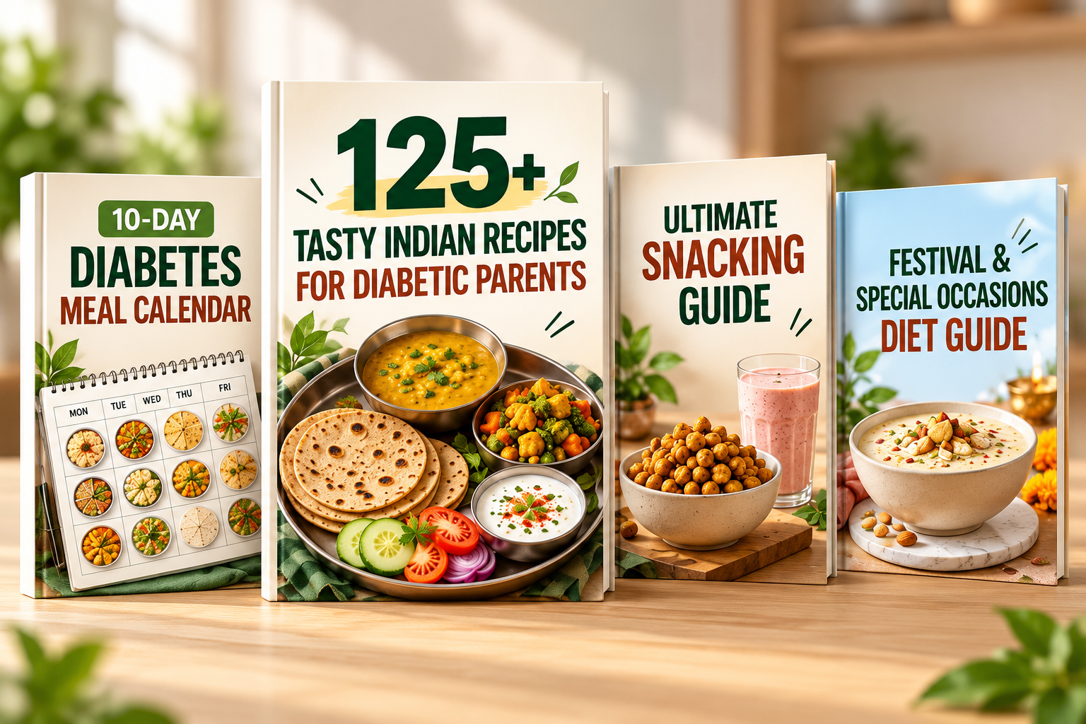 Four diabetes guide covers: 125+ tasty Indian recipes for diabetic parents, a 10 day diabetes meal calendar, the Ultimate Snacking Guide, and a festival and special occasions guide marked Free Bonus