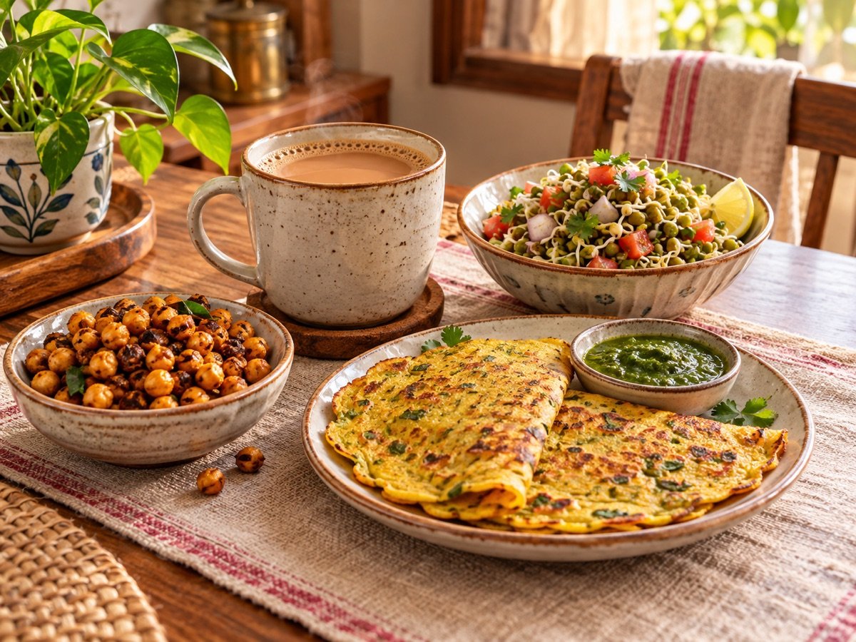 Masala chai served with roasted chana, sprouts chaat and besan chilla