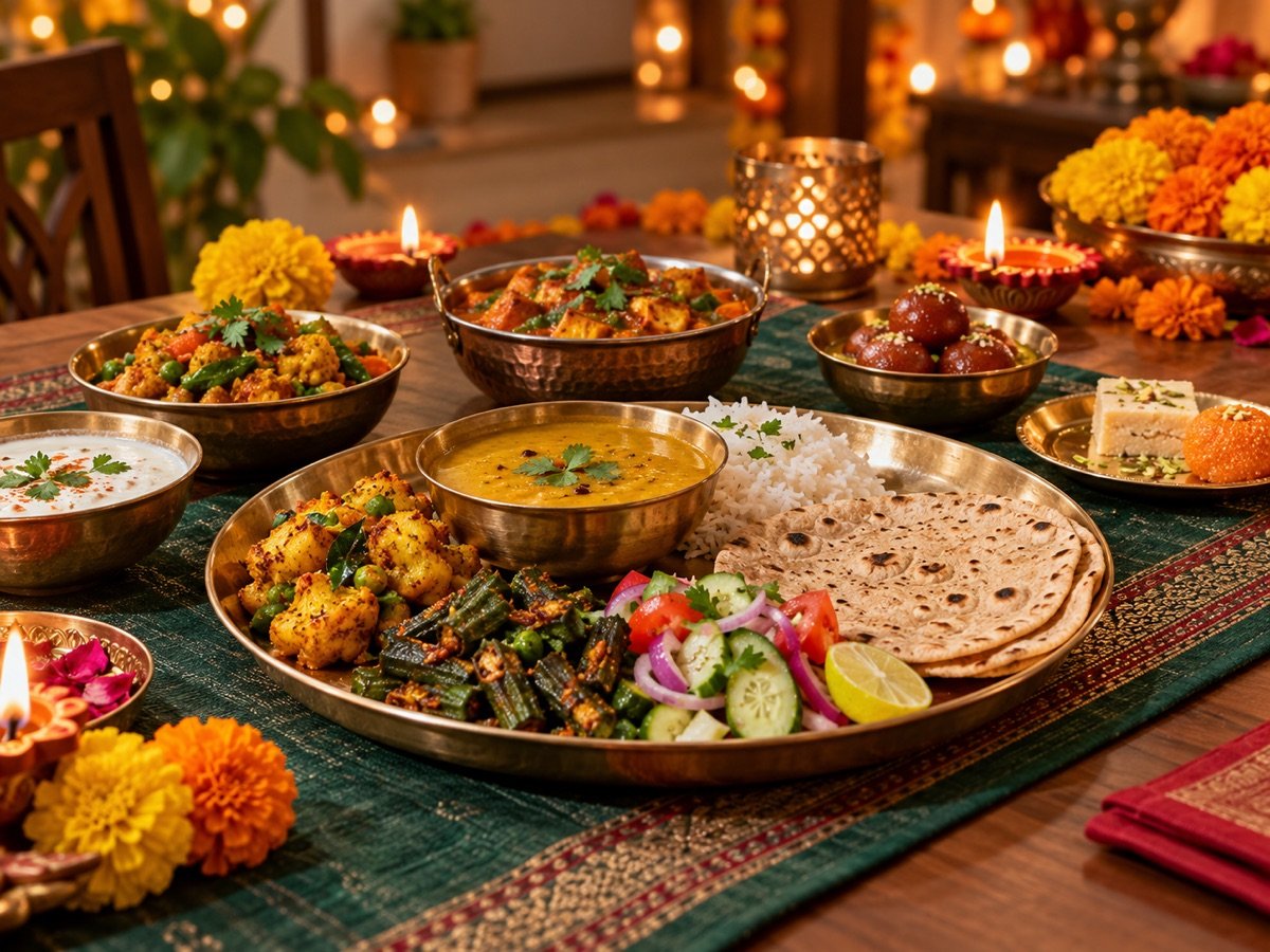 A festive Indian family meal with dal, vegetables, roti, salad and small portions of mithai