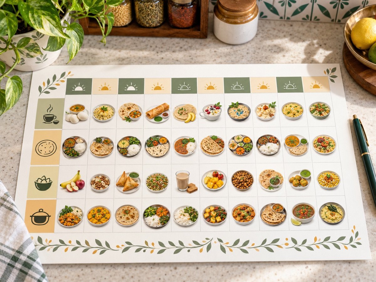 A printable meal chart showing a varied 10-day Indian meal plan on a kitchen counter