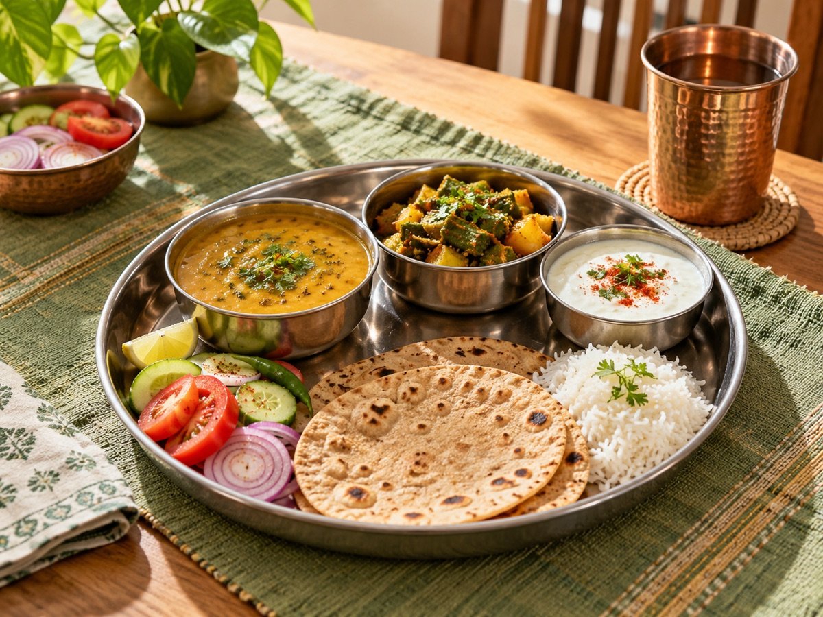 A homestyle Indian thali with dal, seasonal vegetables, roti, rice, salad and curd