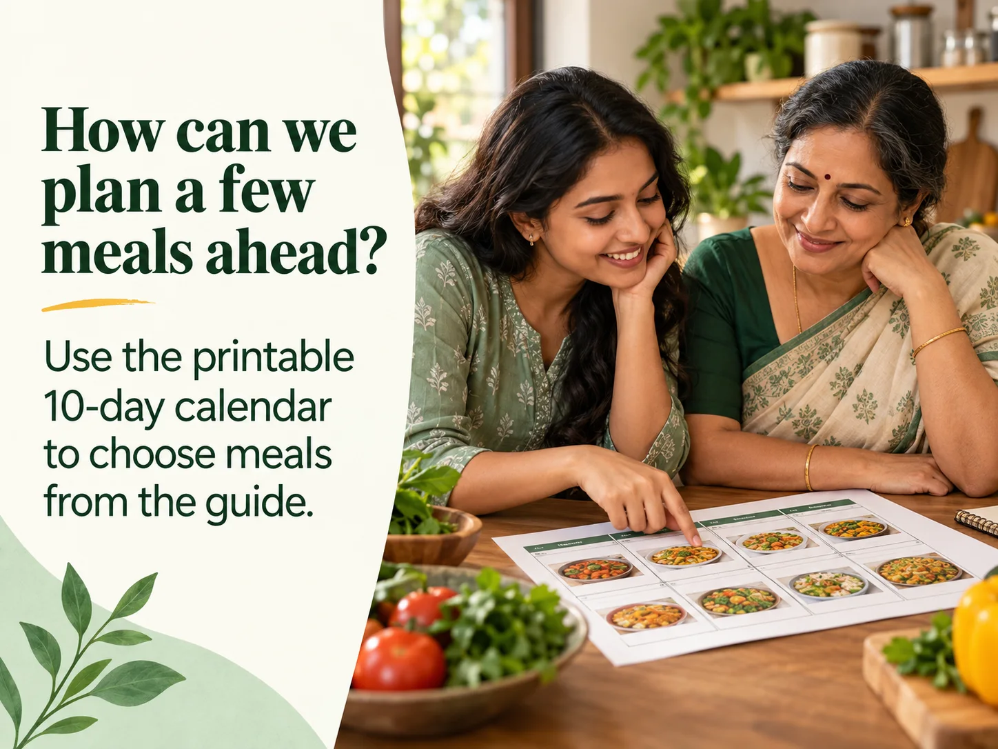 How can we plan a few meals ahead? Use the printable 10-day calendar to choose meals from the guide.