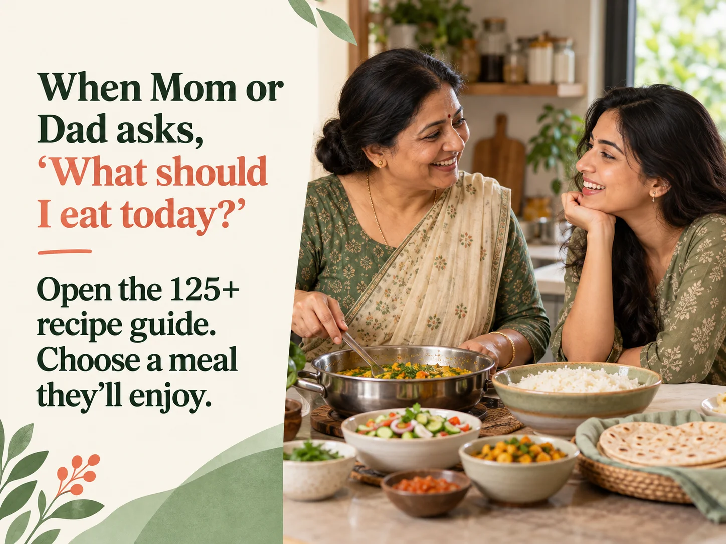 When Mom or Dad asks, What should I eat today? Open the 125+ recipe guide. Choose a meal they’ll enjoy.